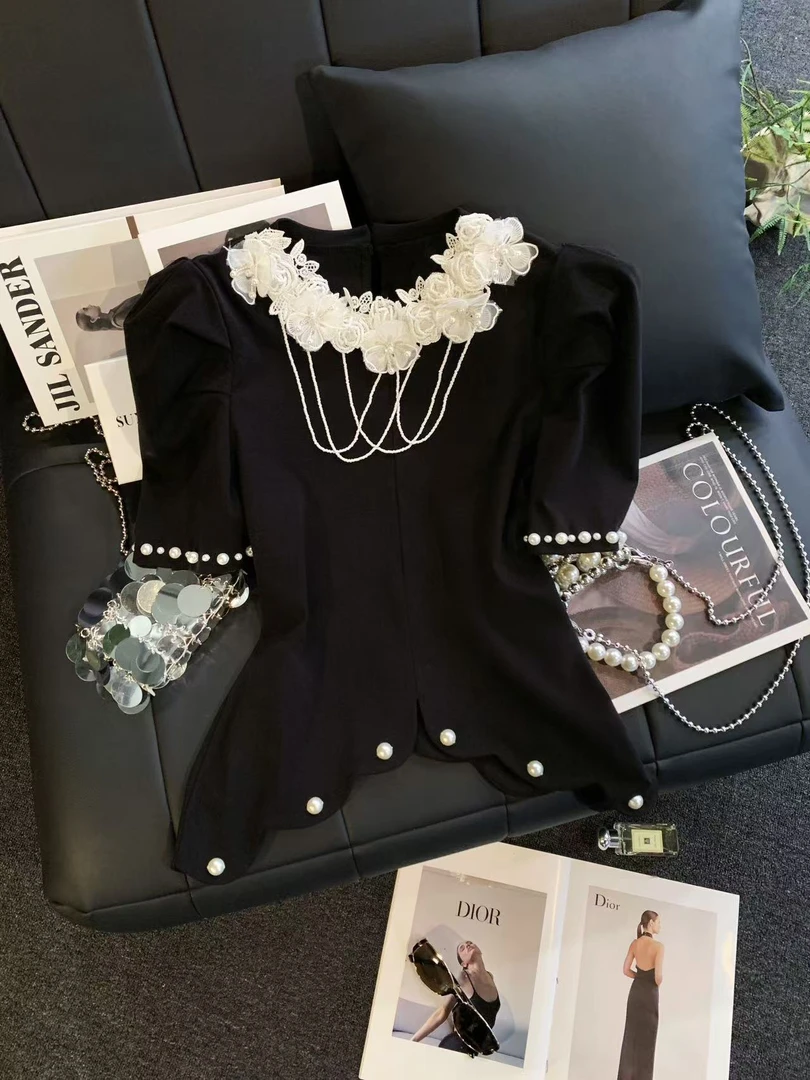 ZHOUYI/周一 夏季2025爆款上衣女不规则设计花链短袖百搭时尚T恤