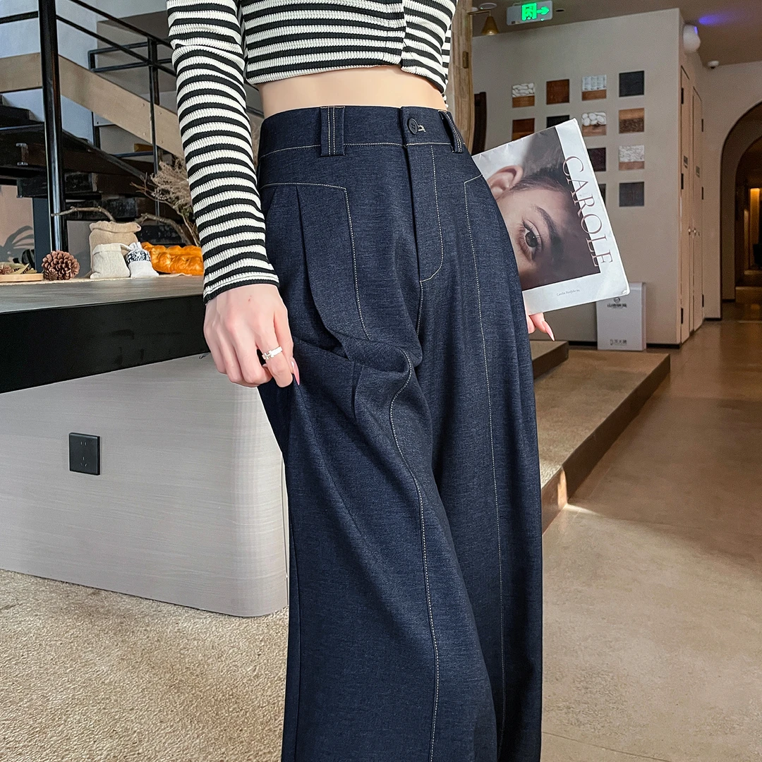 2025春夏新款垂感丹宁牛仔西装阔腿裤高腰显瘦窄版休闲直筒裤