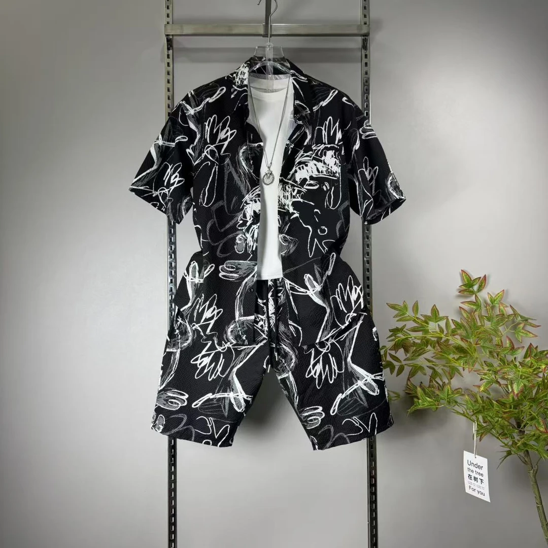 男夏季休闲风短袖泡泡纱时尚套装黑色宽松印花潮流男士