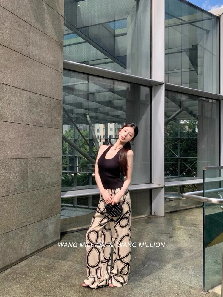 时尚气质休闲百搭法法慵懒复古印花宽松直筒阔腿女裤夏季休闲百搭