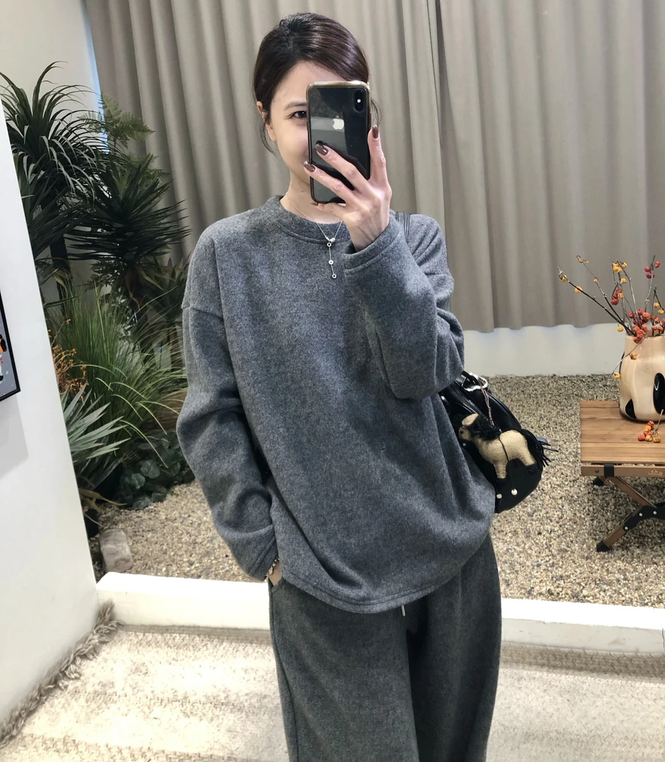 慵懒高级运动套装洋气减龄灰色圆领卫衣长裤女两件套套装绒里厚款