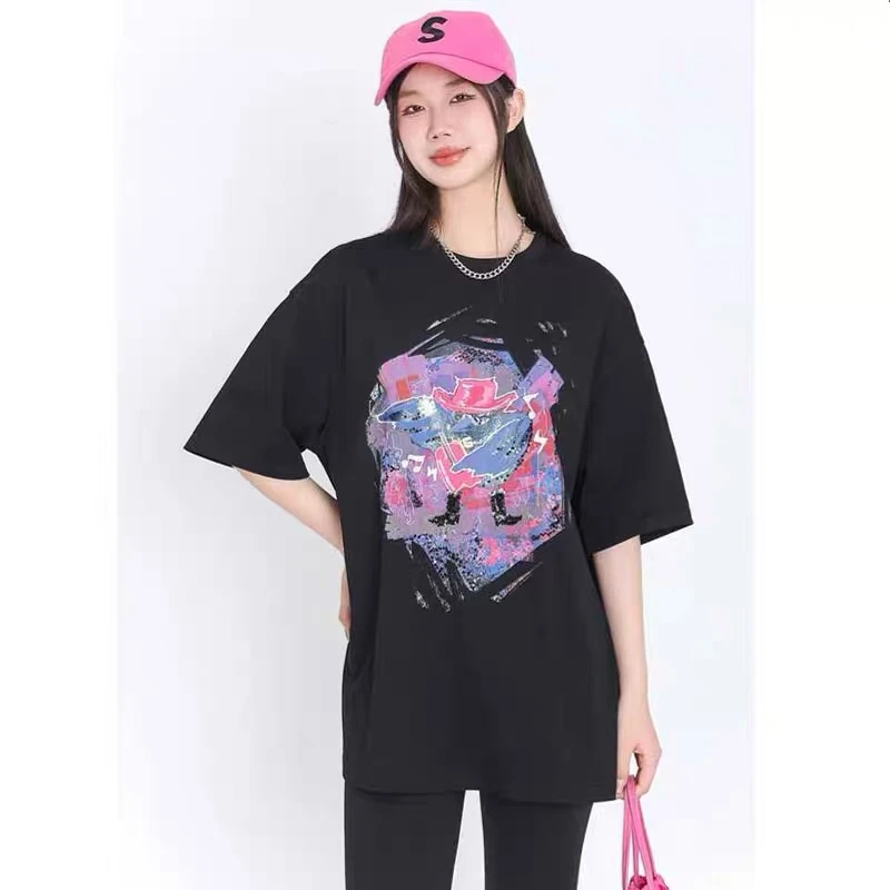 【商场同款】贝斯鸟印花T恤时尚百搭宽松休闲黑色短袖上衣女130086