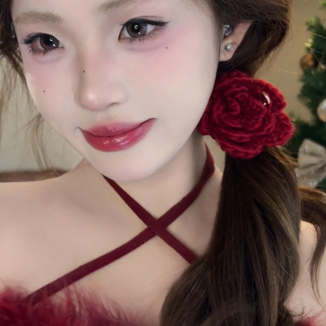 送你一朵小红花！秋冬红色毛线玫瑰花朵发夹女后脑勺抓夹发圈横夹