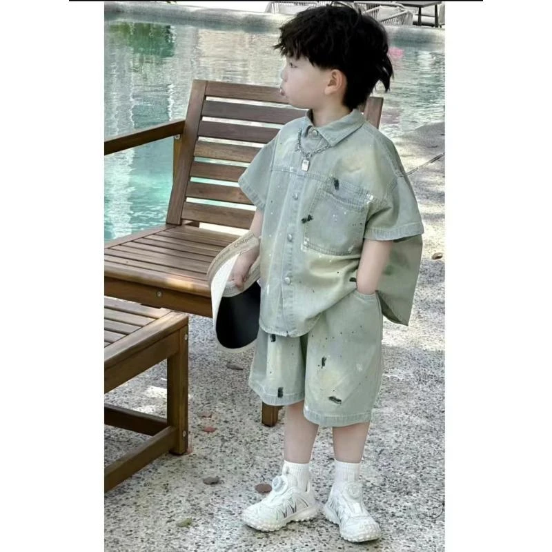 男童夏季套装新款小男孩女宝宝泼墨水洗软牛仔短袖衬衫两件套 TX
