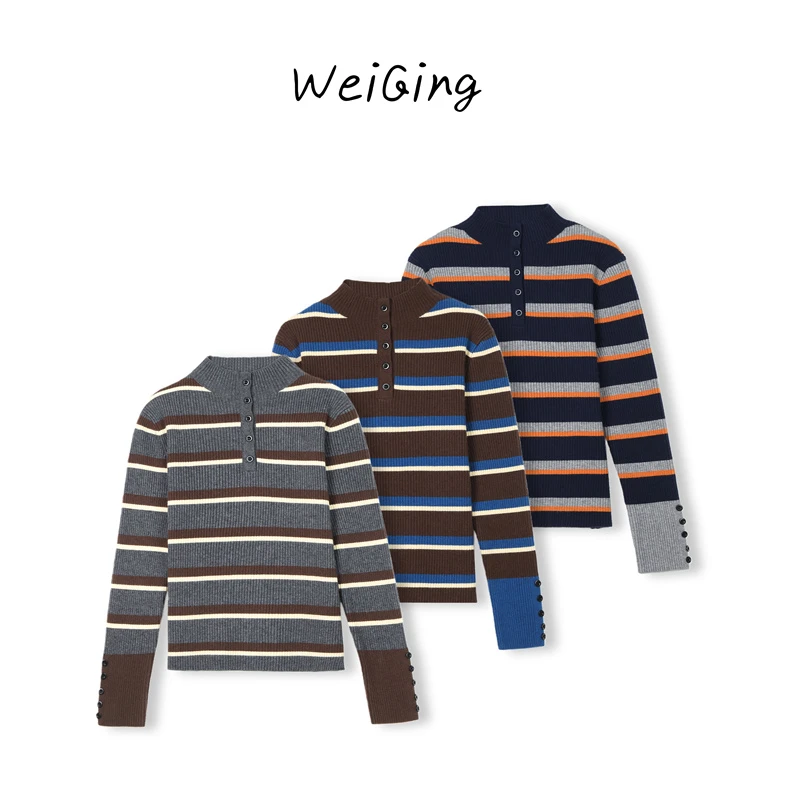 W3003【丹姐家~半高领条纹~】复古撞色设计感针织衫