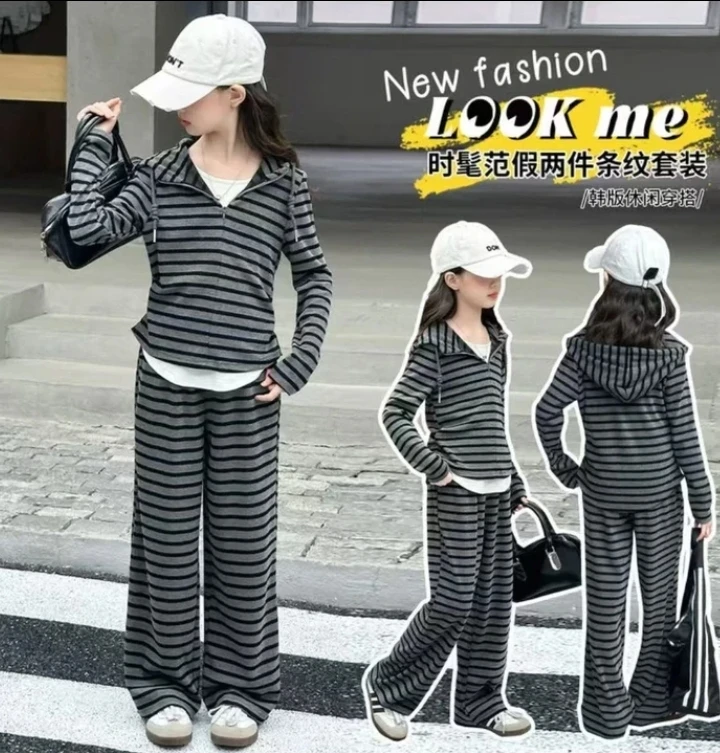 女童秋季新款条纹连帽假两件上衣休闲条纹套装D