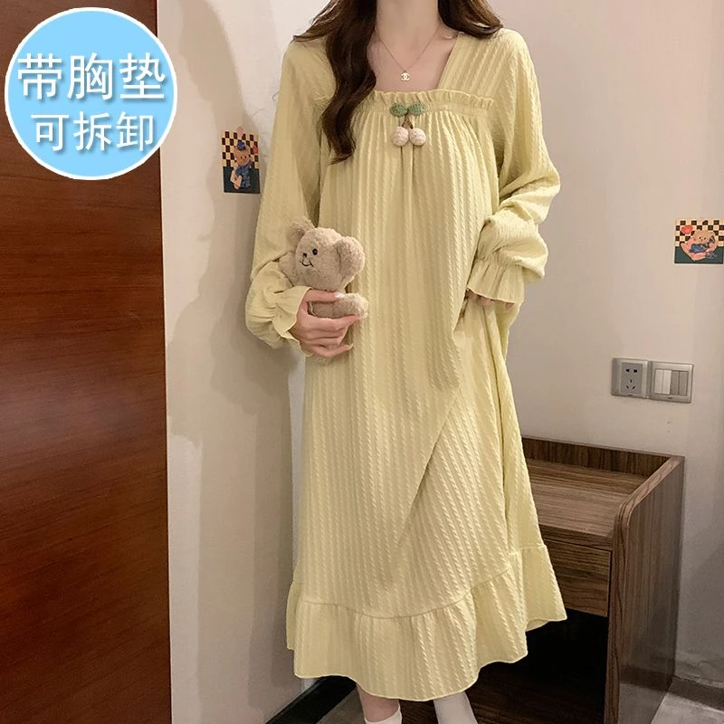 公主风春秋季长袖甜美带胸垫中长款睡裙薄款宽松加大码孕妇家居服
