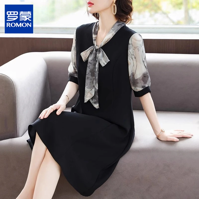 罗蒙母亲节中老年妈妈夏季雪纺连衣裙短袖休闲洋气中年女减龄裙子