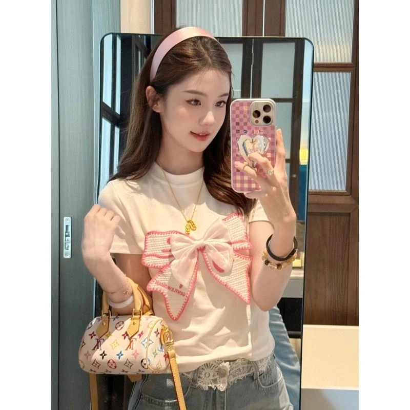 Not defined韩系甜美刺绣立体蝴蝶短袖T恤女夏季收腰显瘦百搭上衣