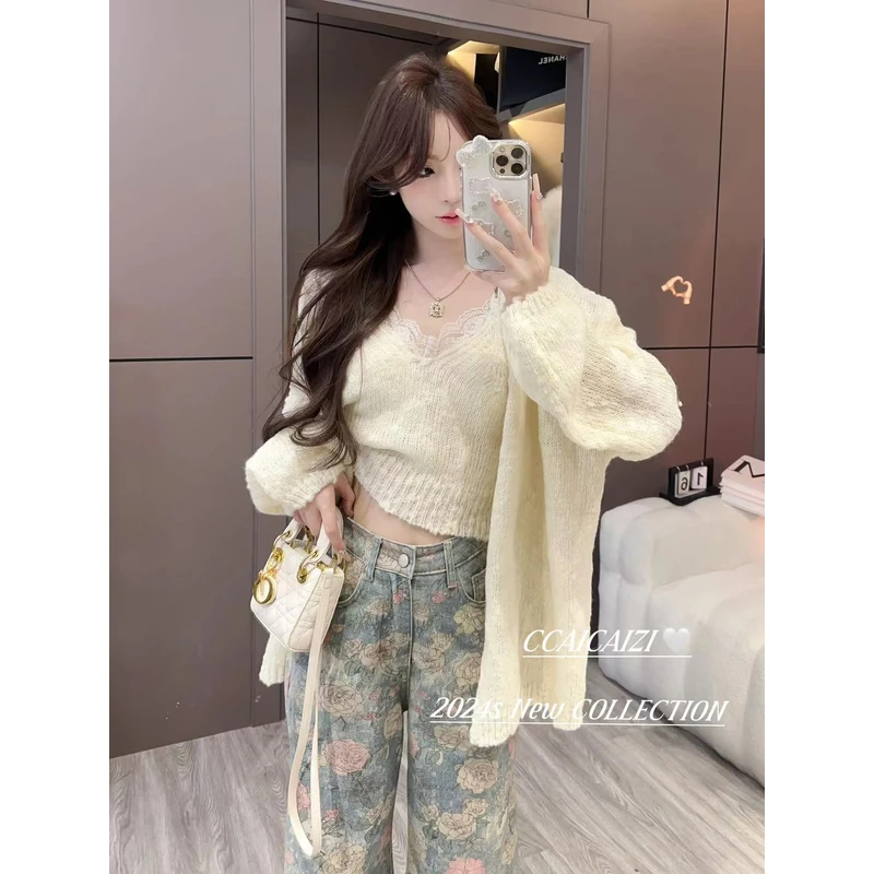 [no退no换]【秋日私语】蕾丝拼接小吊带+针织开衫两件套 2411