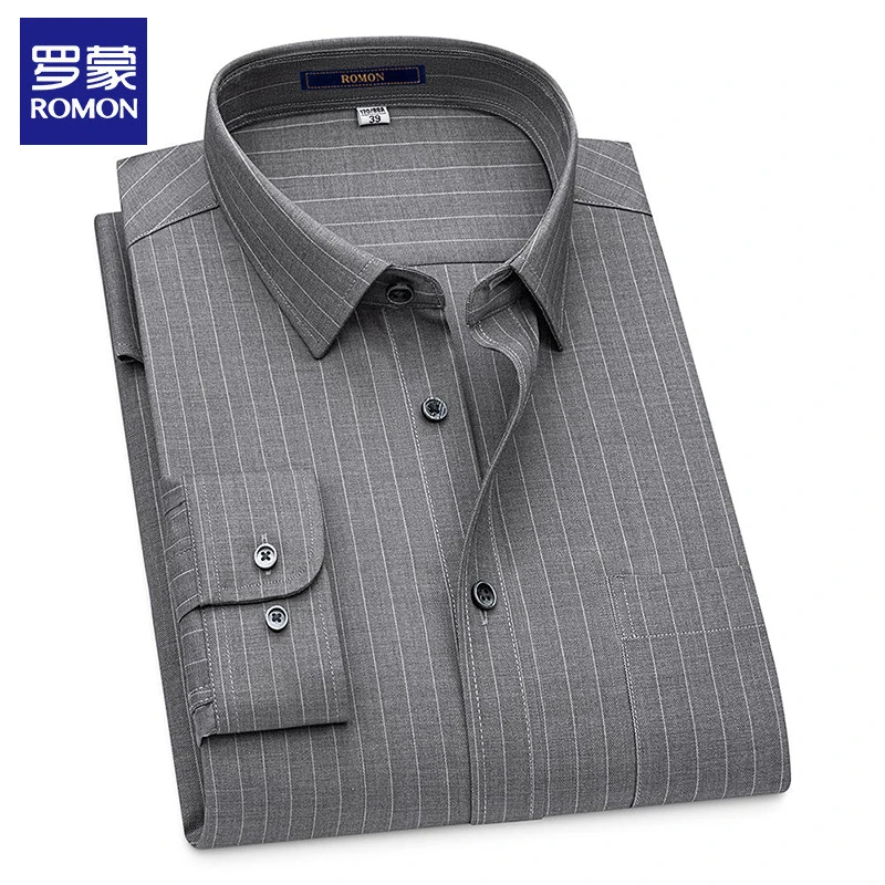 罗蒙春秋季新款绵羊毛长袖衬衫男士高档条纹休闲衬衣抗皱免烫上衣