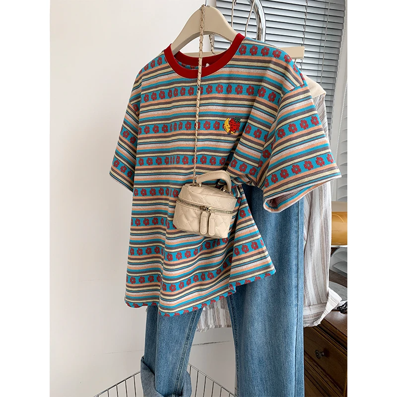 大码女装2025夏新款宽松条纹短袖t恤男女设计感小众独特别致上衣