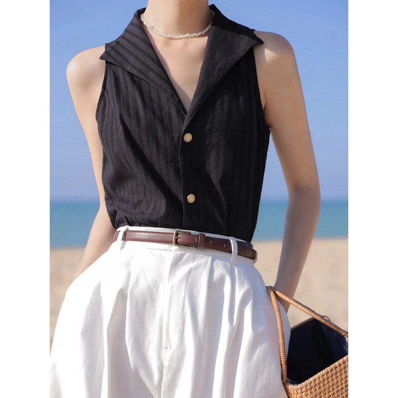 白色无袖衬衫女夏季薄款设计感小众内搭吊带上衣V领提花背心外穿