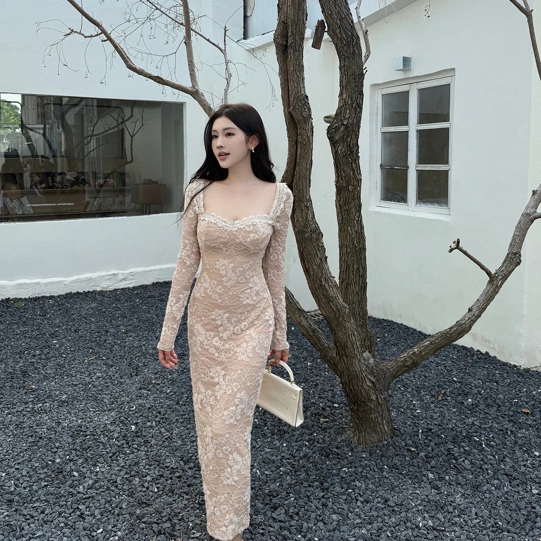 【运补6-8r】御姐蕾丝长袖高级感连衣裙2025秋冬新款女士修身包臀裙