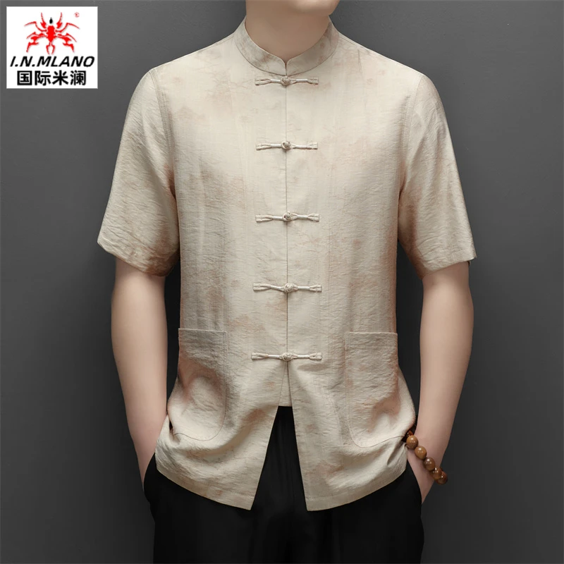 桑蚕丝唐装男中老年休闲汉服夏季薄款短袖爸爸中国风亚麻中式衬衫