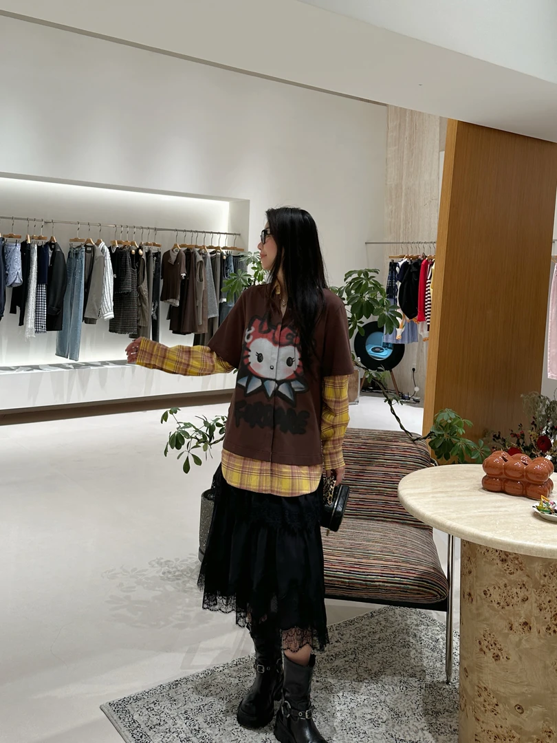 Fordare福蝶 设计师品牌 小众新款 恶搞KITTY解构格纹衬衣