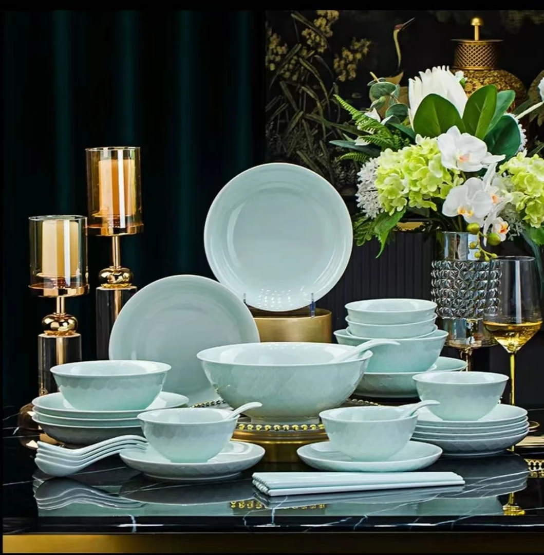 景德镇正宗高白玉泥青瓷万家灯火33件6人位套碗盘碟轻奢简约家用