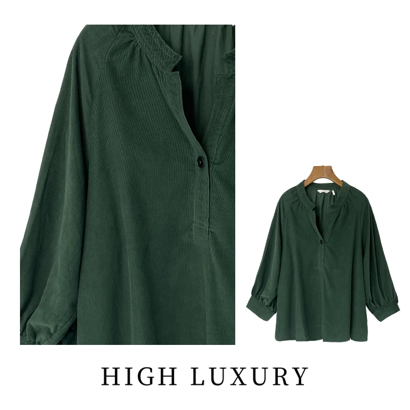 【芬兰订单】北欧小众密织细灯芯绒立领九分插肩袖衬衫（231110）2355