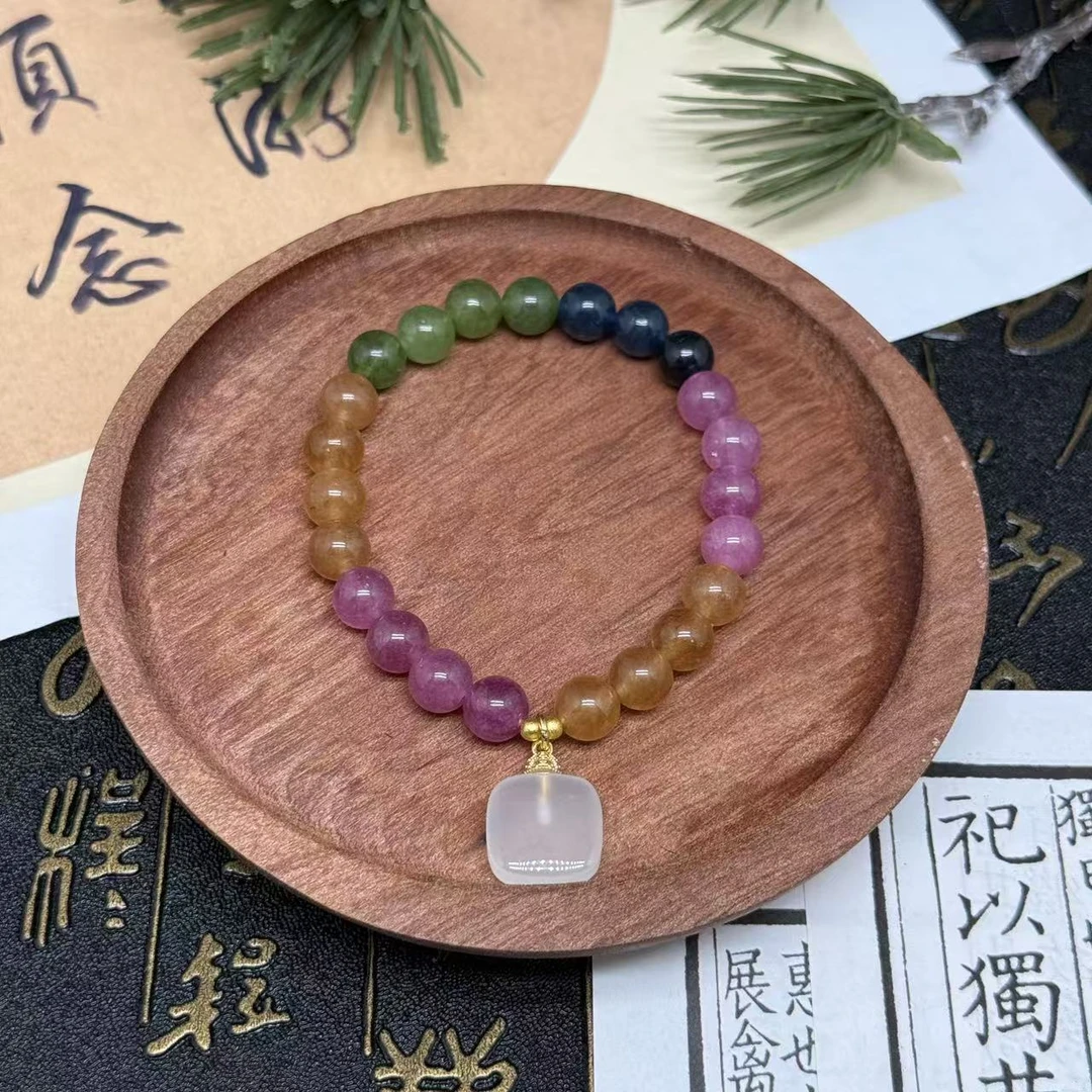 天然水晶碧玺色配玛瑙无事牌手链多样性发一BX80690