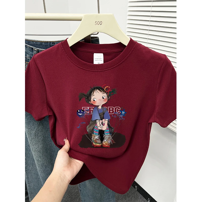 正肩短袖小衫上衣女生春装新款韩版洋气减龄印花小个子圆领t恤潮