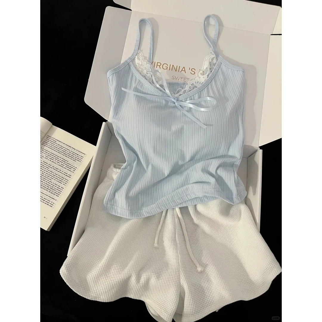 【纯欲蕾丝边】性感辣妹吊带带胸垫睡衣女夏季新款短裤套装家居服夏