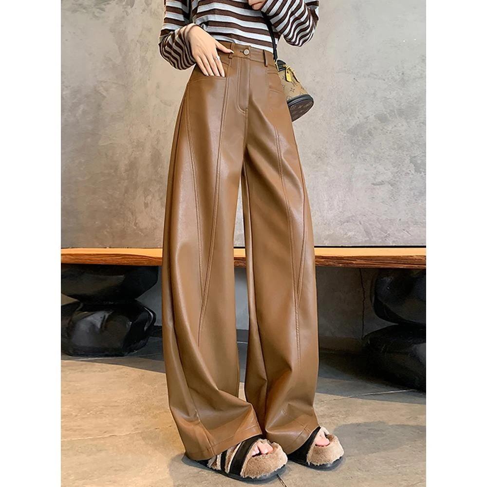 咖啡色高级感西装皮裤子女秋冬季2025新款高腰宽松直筒阔腿裤垂感