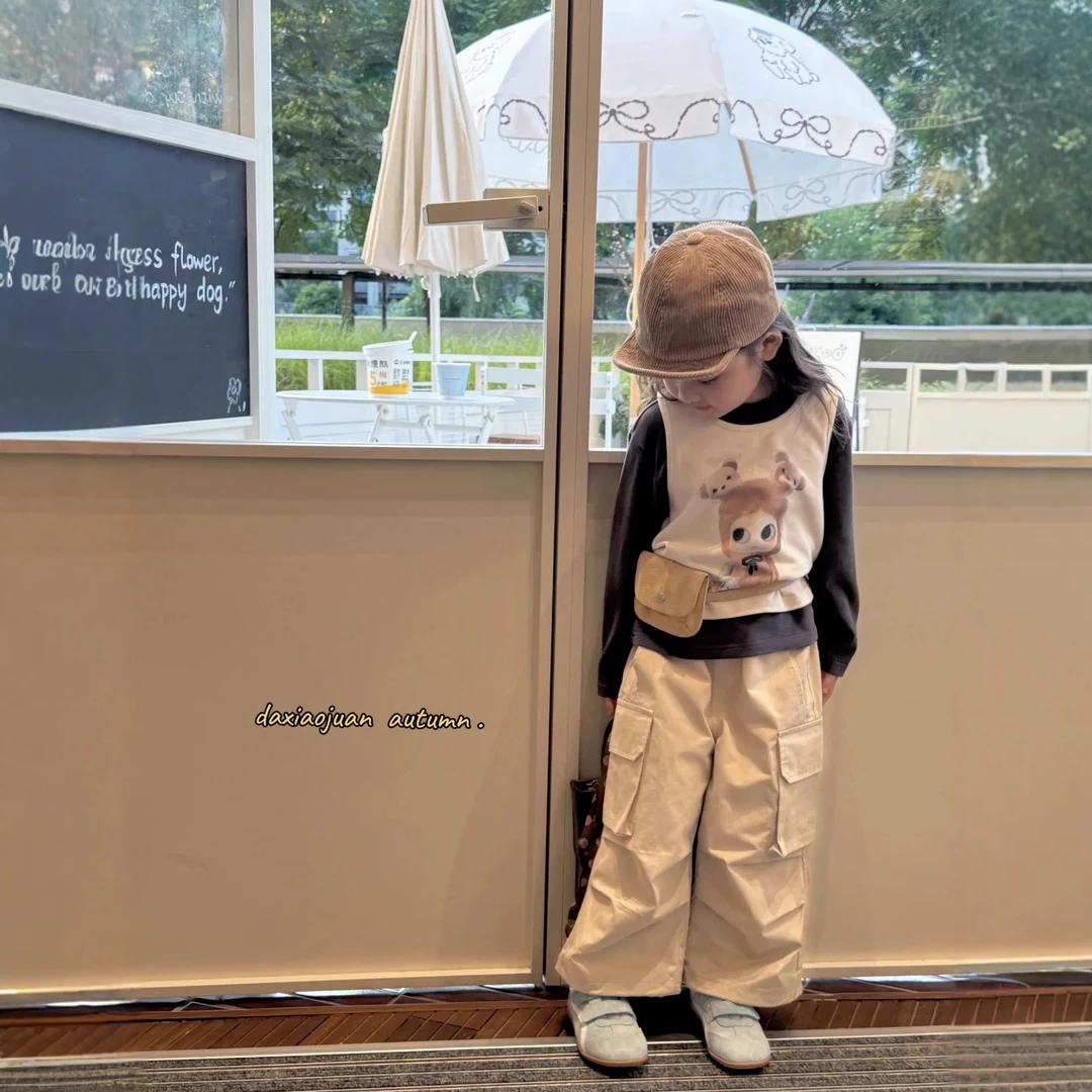 女童韩系套装2025春秋季新款儿童宝宝洋气卡通背心长袖工装裤套