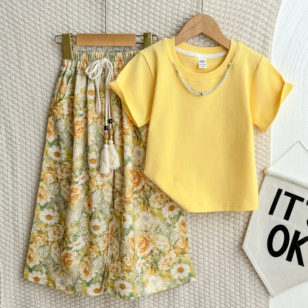 夏装新款女童女碎花薄款夏季套装中大童时尚T恤休闲风阔腿裤洋气