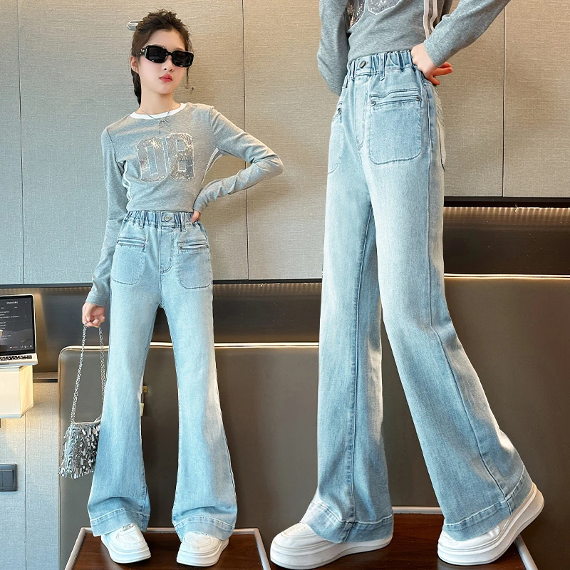 女童牛仔喇叭裤春季新款儿童高腰马蹄裤子洋气大童修身弹力微喇裤