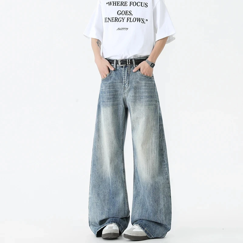 NOMIO夏季美式复古竹节纹牛仔裤弯刀宽松百搭男女同款阔腿直筒裤