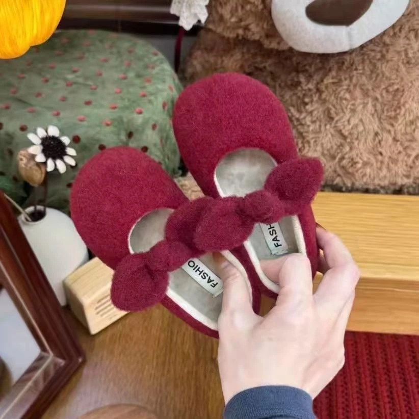 女童甜美玛丽珍毛毛鞋2025冬季新款仙女蝴蝶结单鞋加绒保暖棉鞋子