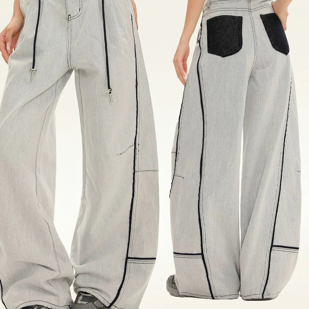 浅灰色明线设计阔腿裤有抽绳