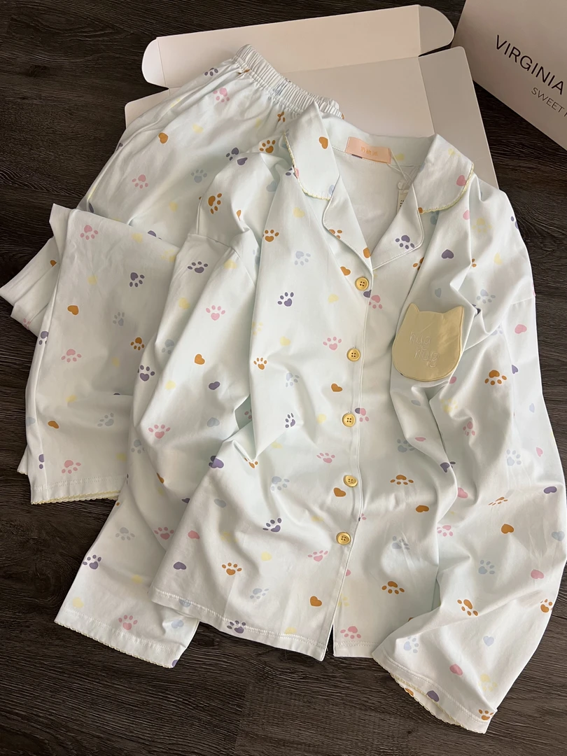 韩版可爱涂鸦休闲睡衣女早秋季长袖长裤新款舒适家居服套装可外穿