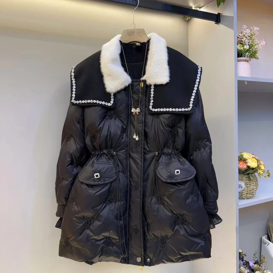 冬季新款双领可爱中长款女加厚时尚洋气大翻棉服外套