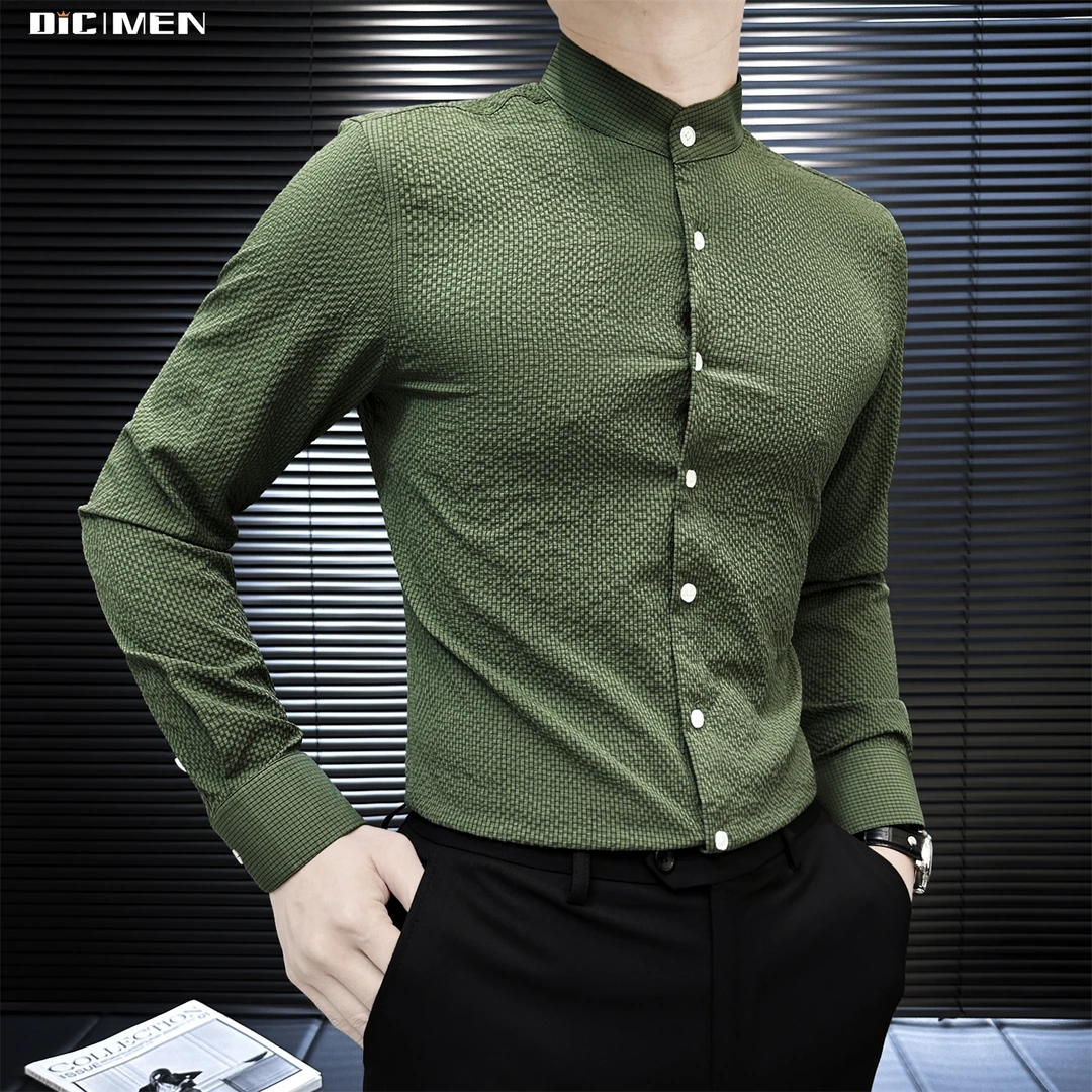 立领新中式男士休闲衬衣春季绿色弹力泡泡纱潮流修身衬衫男款长袖