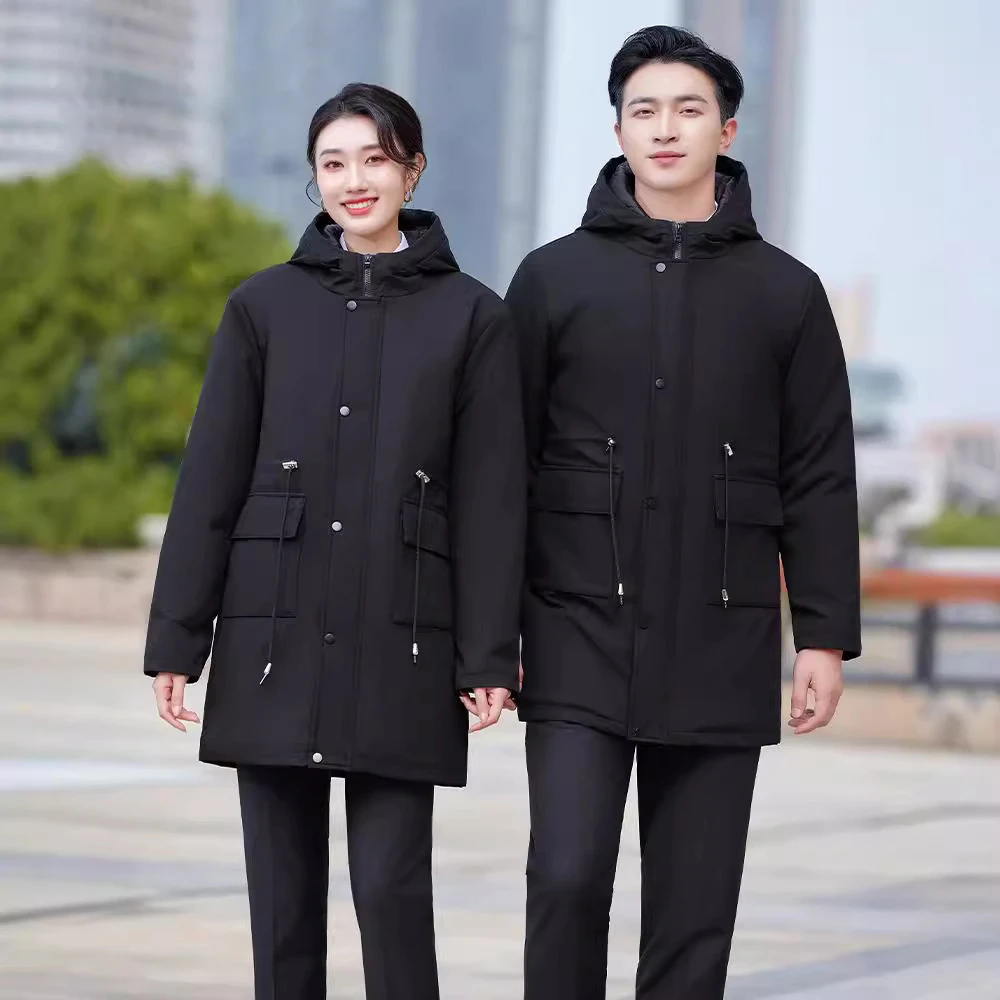 黑色加厚中长款帽子服女保暖派克大衣乘务员户外工作服职业装棉服