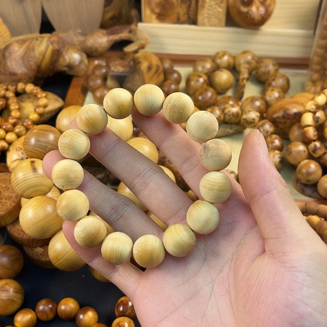 柏木（崖柏）手串/手链15蚕丝纹鸡油黄无磨