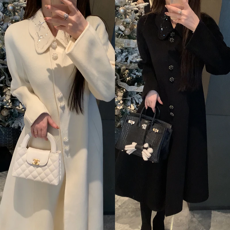 【mimius】喵喵 大女主赫本风重工钉珠长款羊 绒大衣 F11095