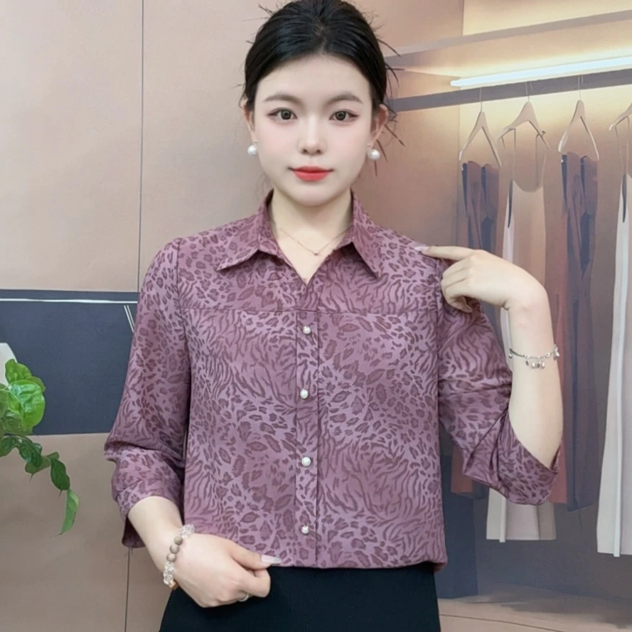 2025夏季豹纹时尚新款衬衫七分袖上衣洋气百搭妈妈宽松显瘦小衫