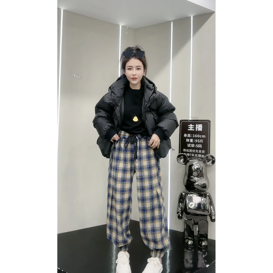 欧货冬季新款加厚复古撞色格子松紧腰束脚裤子休闲时尚显瘦阔腿裤