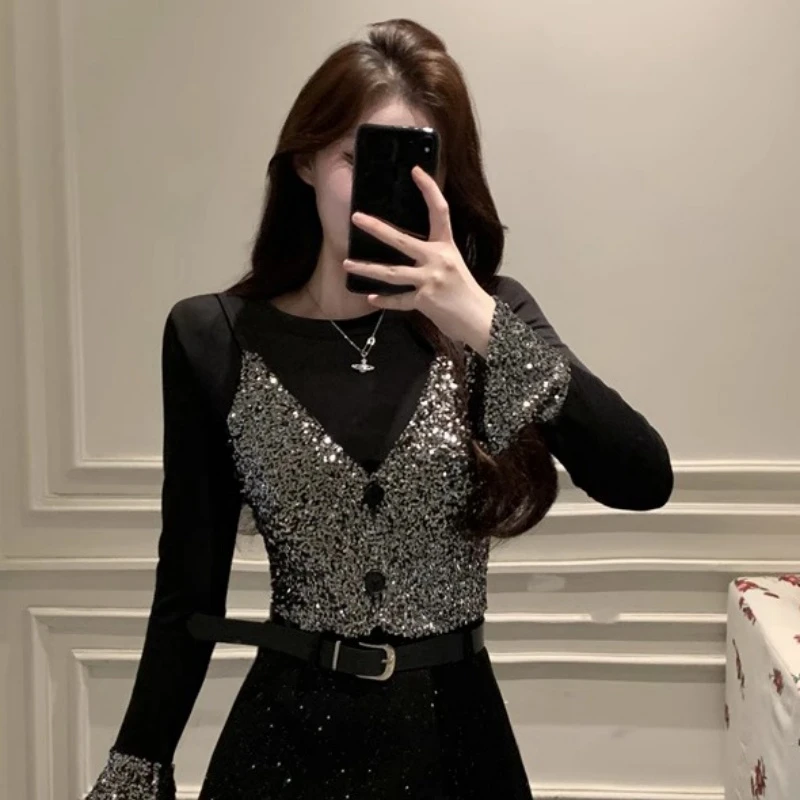 2024冬季新款假两件保暖气质打底衫女时尚设计感亮片长袖显瘦上衣
