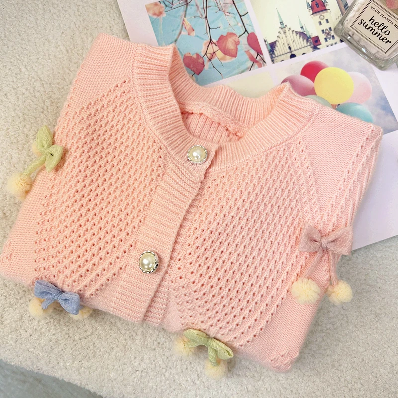 女童针织开衫春秋季新款儿童甜美蝴蝶结毛衣外套洋气女宝韩版上衣