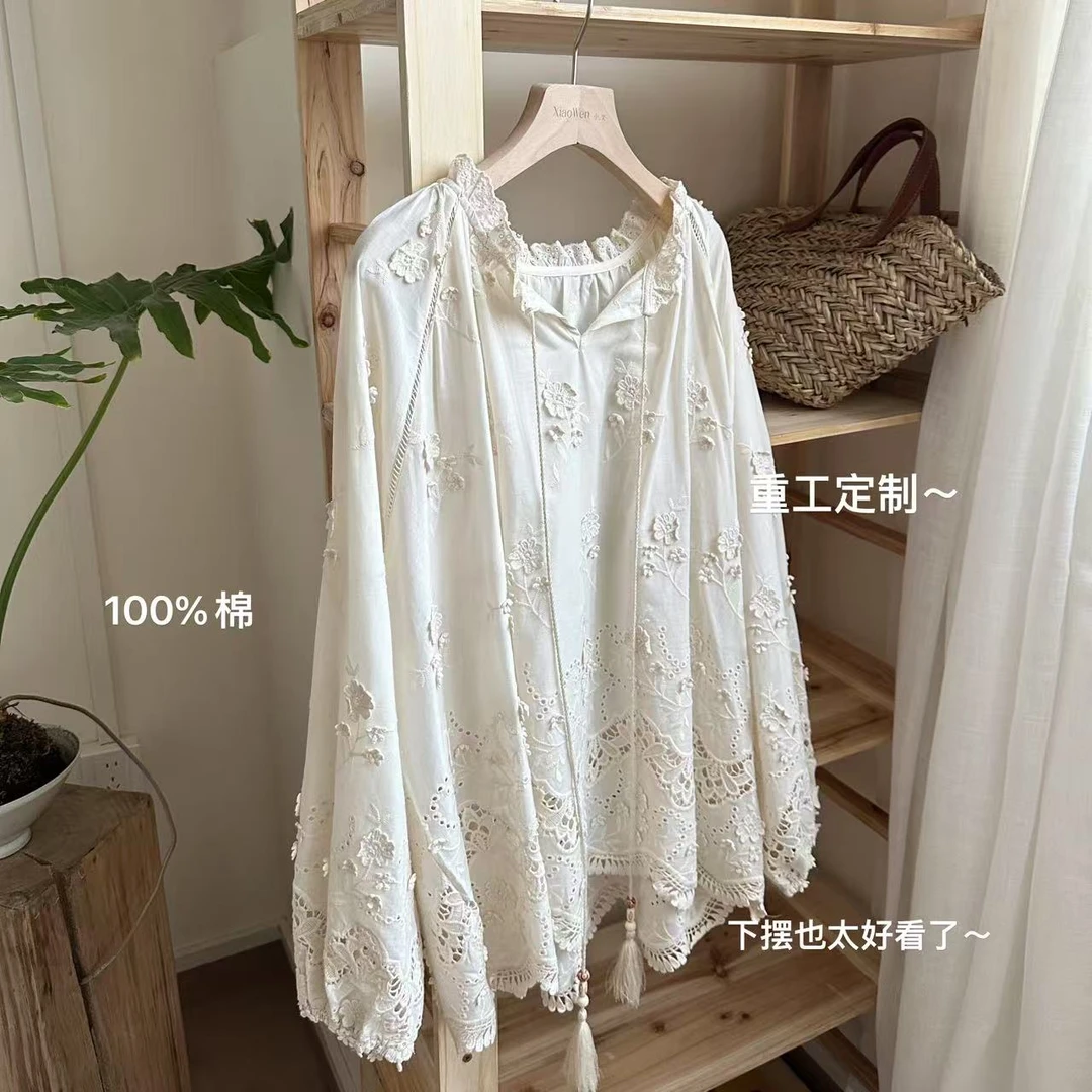 小文姐 W1151-春夏温柔风镂空甜美上衣重工刺绣立体花朵衬衫女