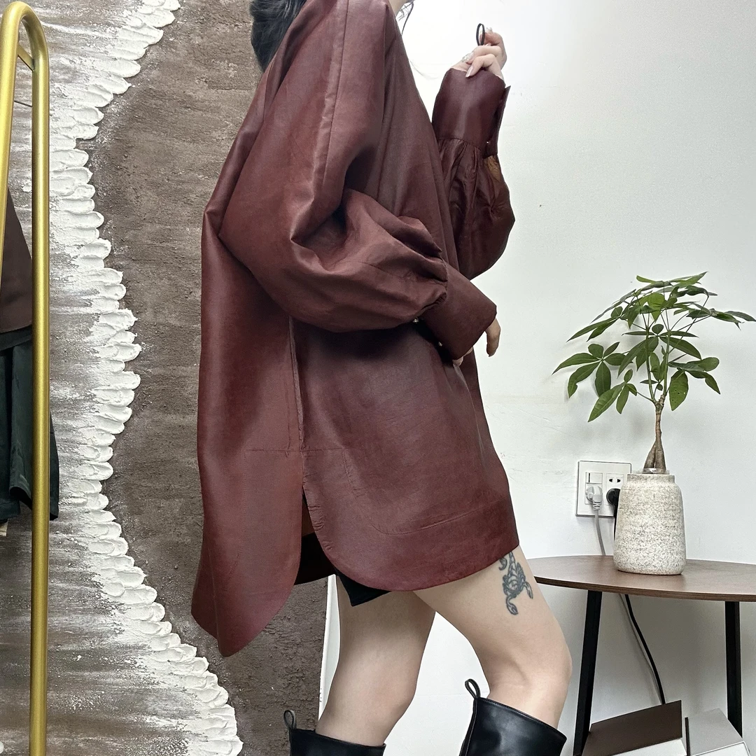 【安可拉红】香云纱衬衫慵懒风上衣大极简灯笼袖