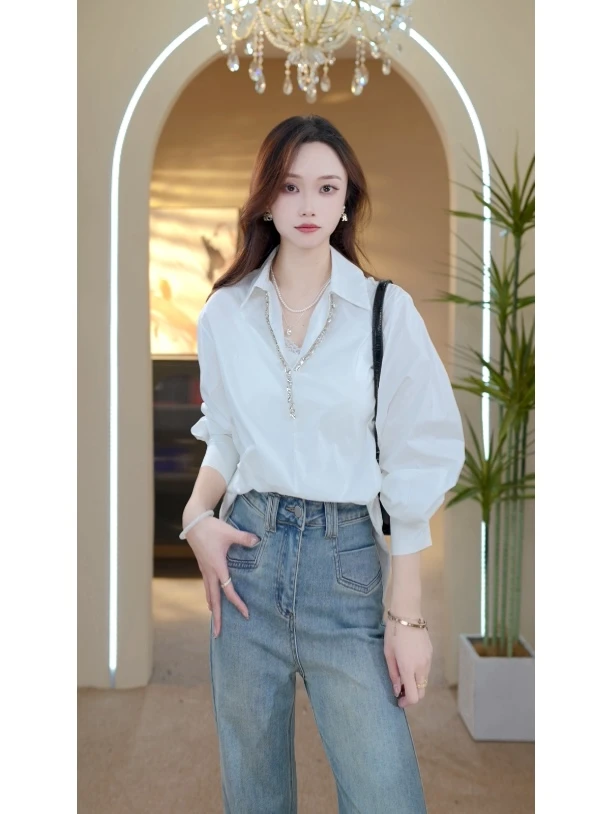C007 简约休闲设计感V领钉钻气质长袖衬衫百搭春季时尚上衣女