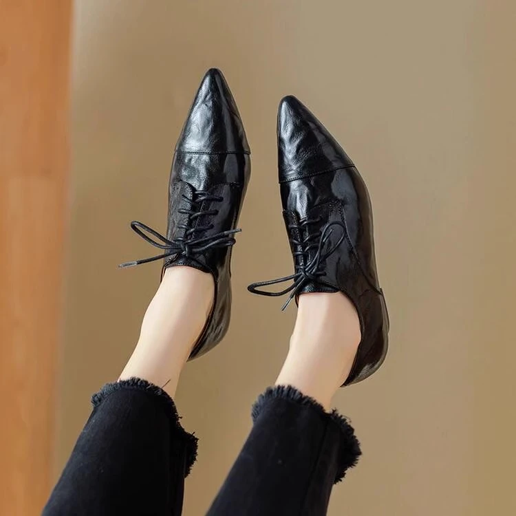 香港1:1开模真皮真皮深口系带粗跟小皮鞋女时尚百搭爆款春秋女鞋