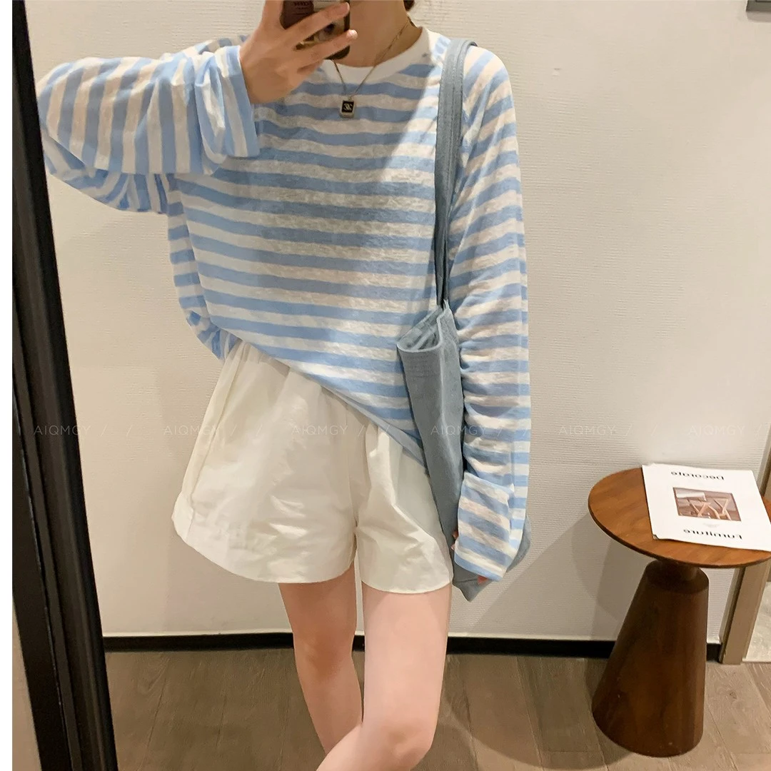 撞色条纹长袖T恤女夏季宽松外搭冰丝防晒罩衫韩系chic别致上衣薄