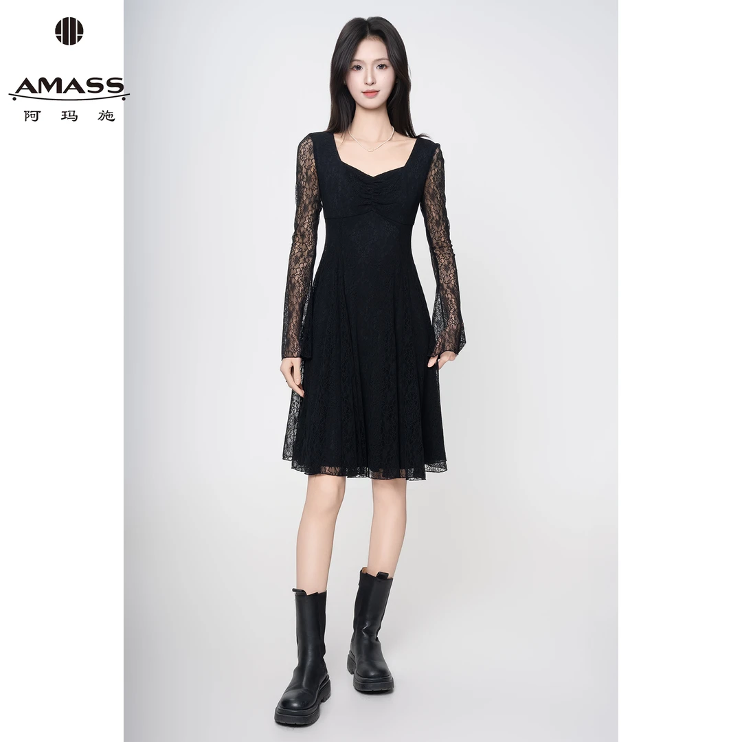 AMASS/阿玛施夏季新款复古蕾丝法式优雅气质收腰连衣裙550033