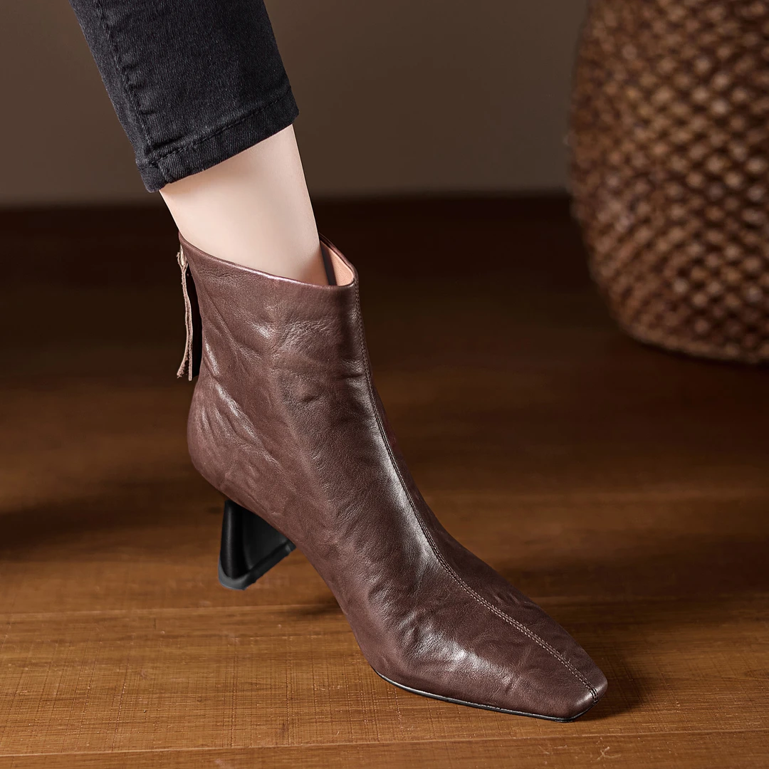 百搭小个子高跟时装靴时尚方头粗跟短靴侧拉链秋冬单靴真皮女靴子