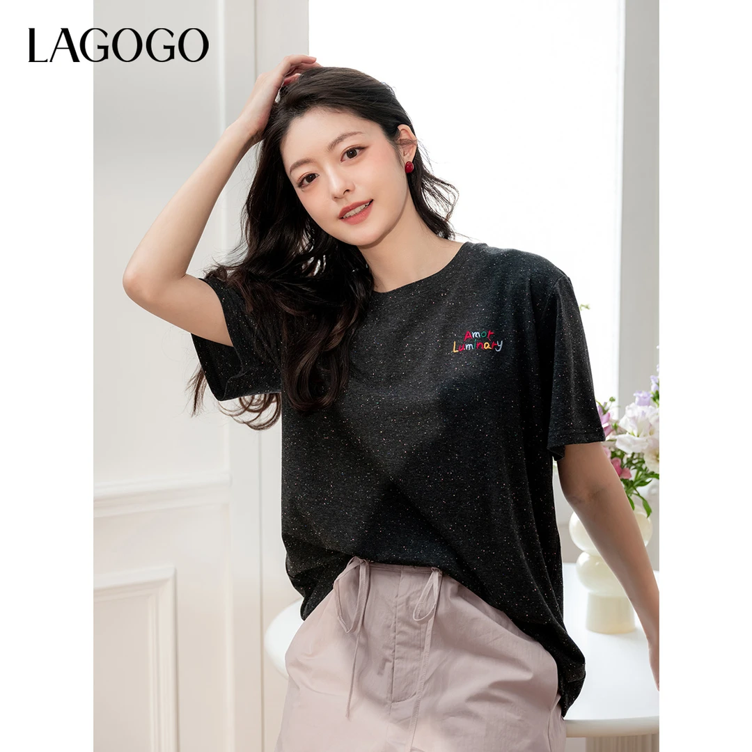 【黛一一专属】lagogo新款百搭舒适弹力字母显瘦T恤女OATT311G35